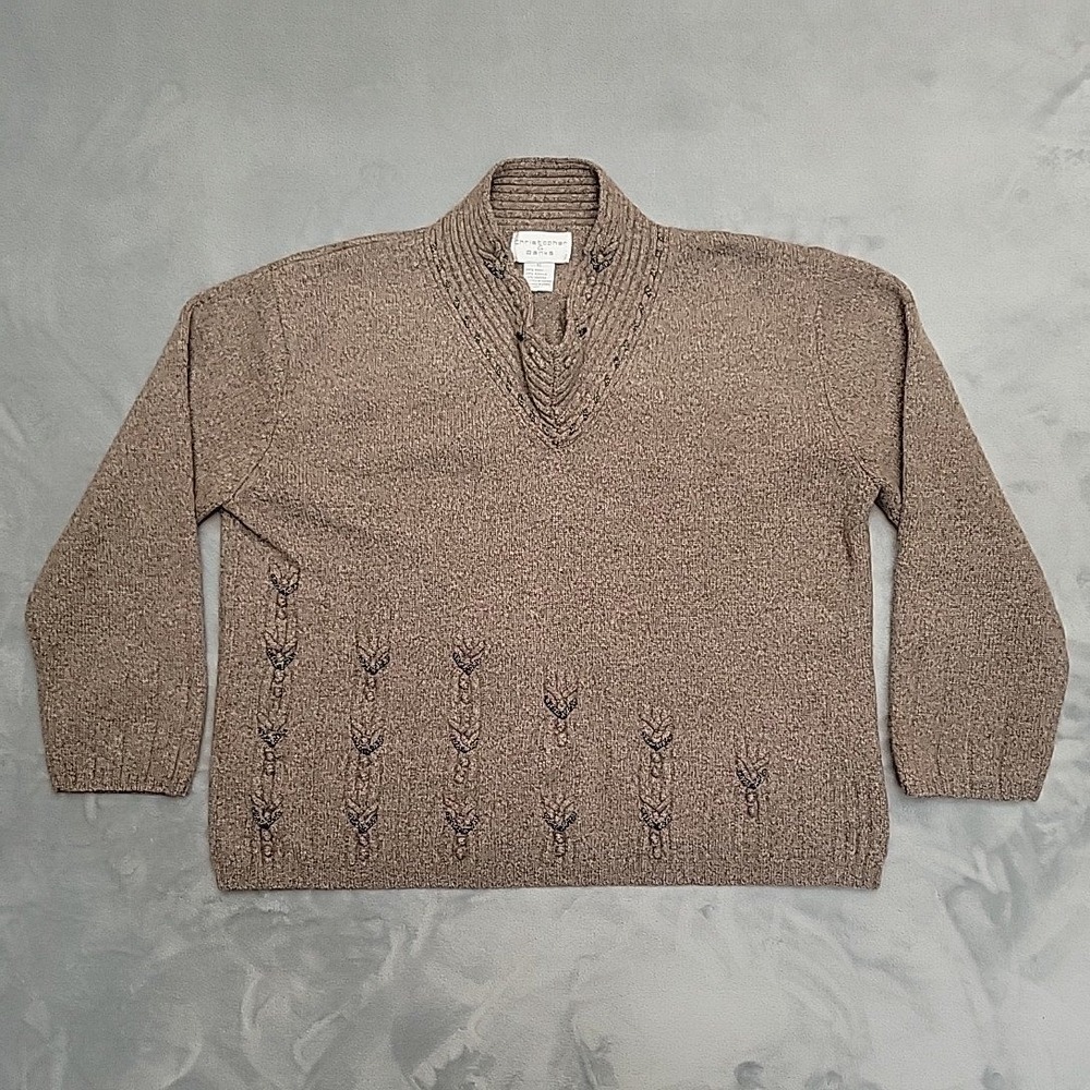 Christopher Banks Sweater Women XL Brown Wool Blend Pullover Embroidered Cozy